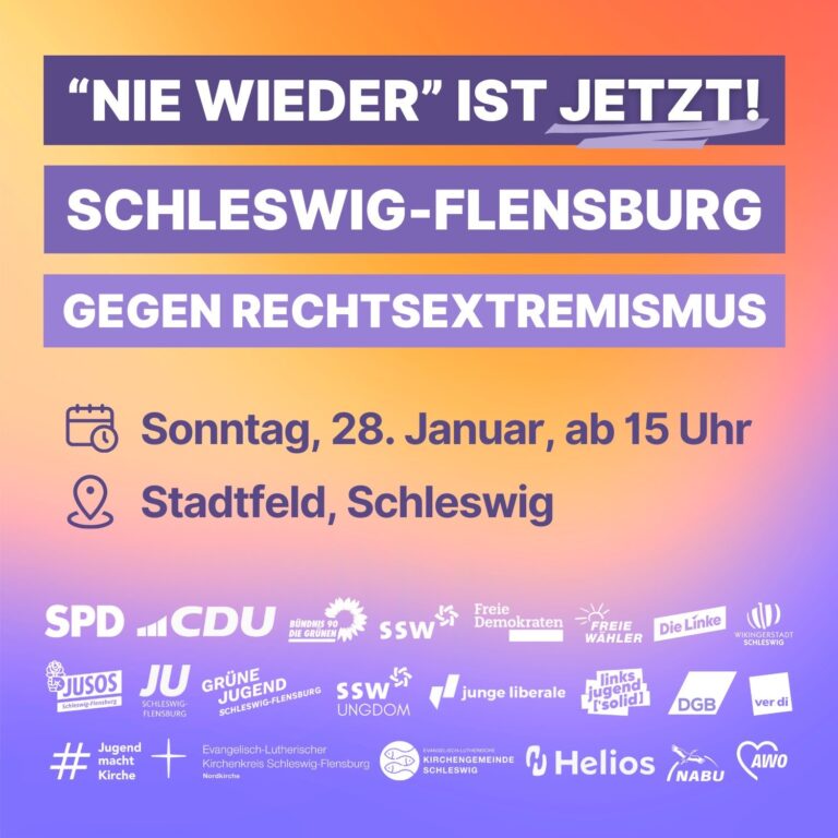 📢 „Nie wieder ist JETZT – Demo gegen Rechtsextremismus“ am Sonntag, den 28.01. um 15 Uhr auf dem Stadtfeld Schleswig! 🏳️‍🌈✊
