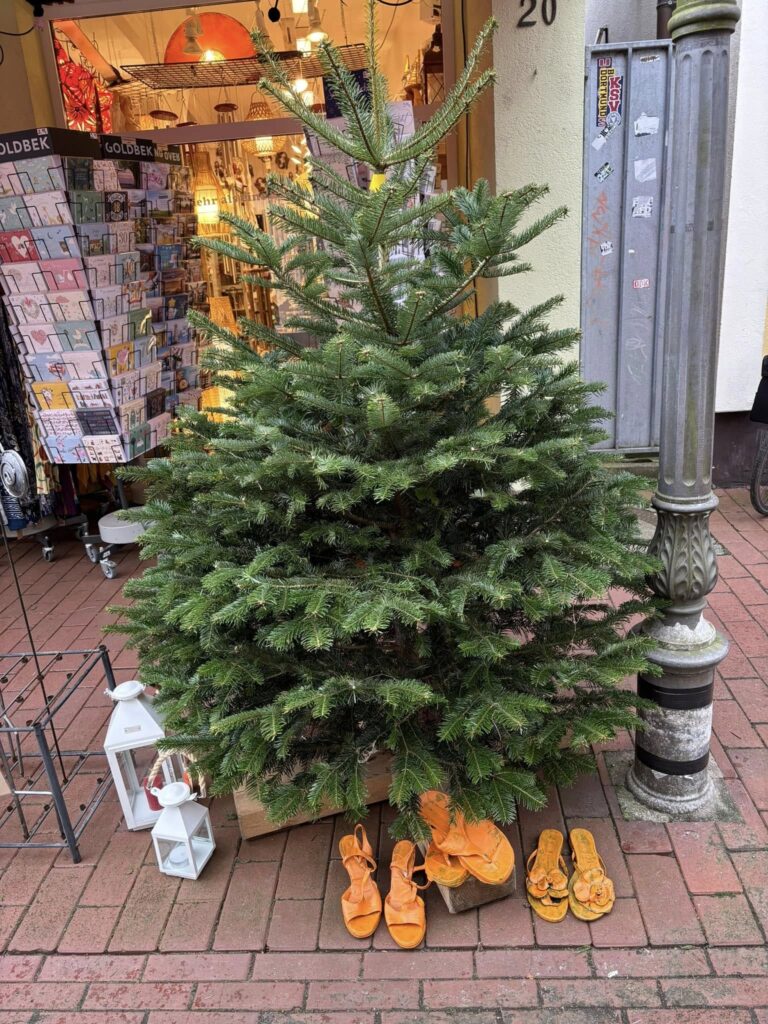 Ein Tannenbaum, unter dem Orange Schuhe stehen.