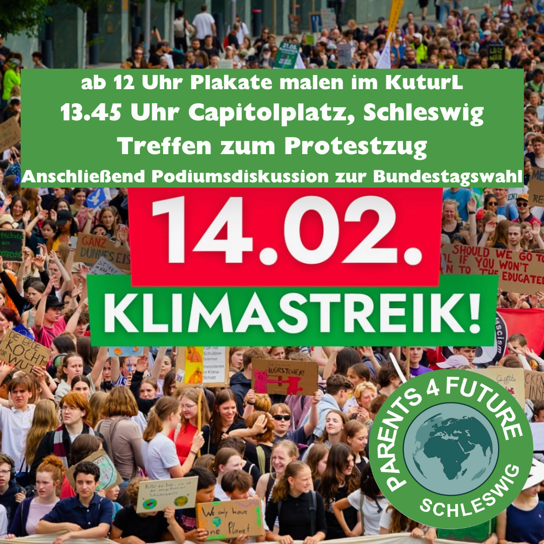 Bild einer Klimaschutz-Demo, darauf der Text: 14.02. Klimastreik