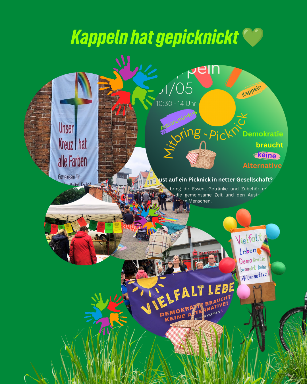Titel 'Kappeln hat gepicknickt'. In Kreisen sehr klein dargestellt Fotos vom Picknick.